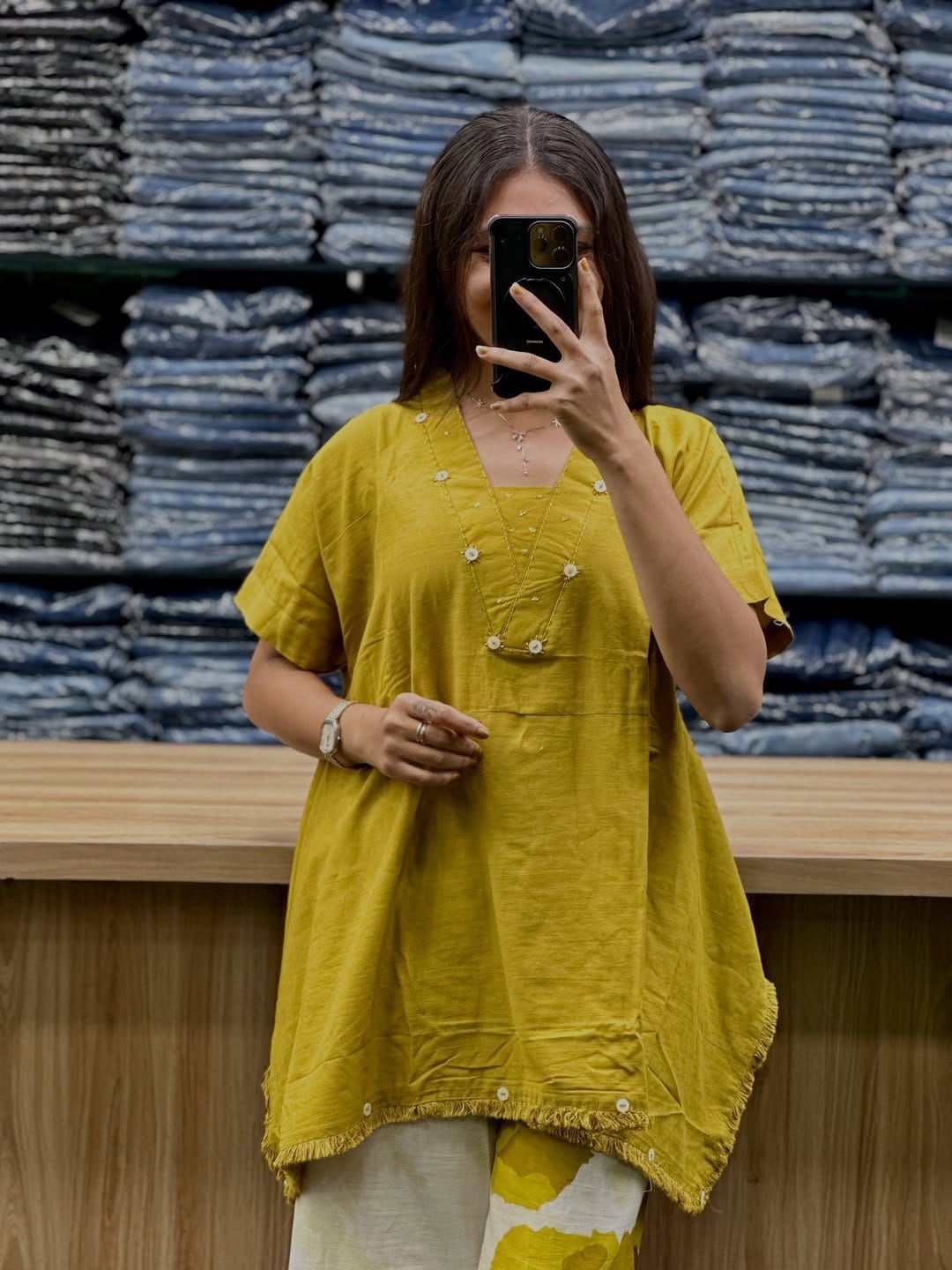 Yellow cotton co ord set with handwork yoke casual wear - WishTown Fashion Club