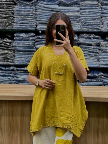Yellow cotton co ord set with handwork yoke casual wear - WishTown Fashion Club