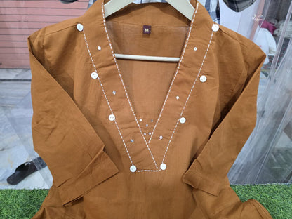 Brown comfortable cotton co ord set detailed design look - WishTown Fashion Club