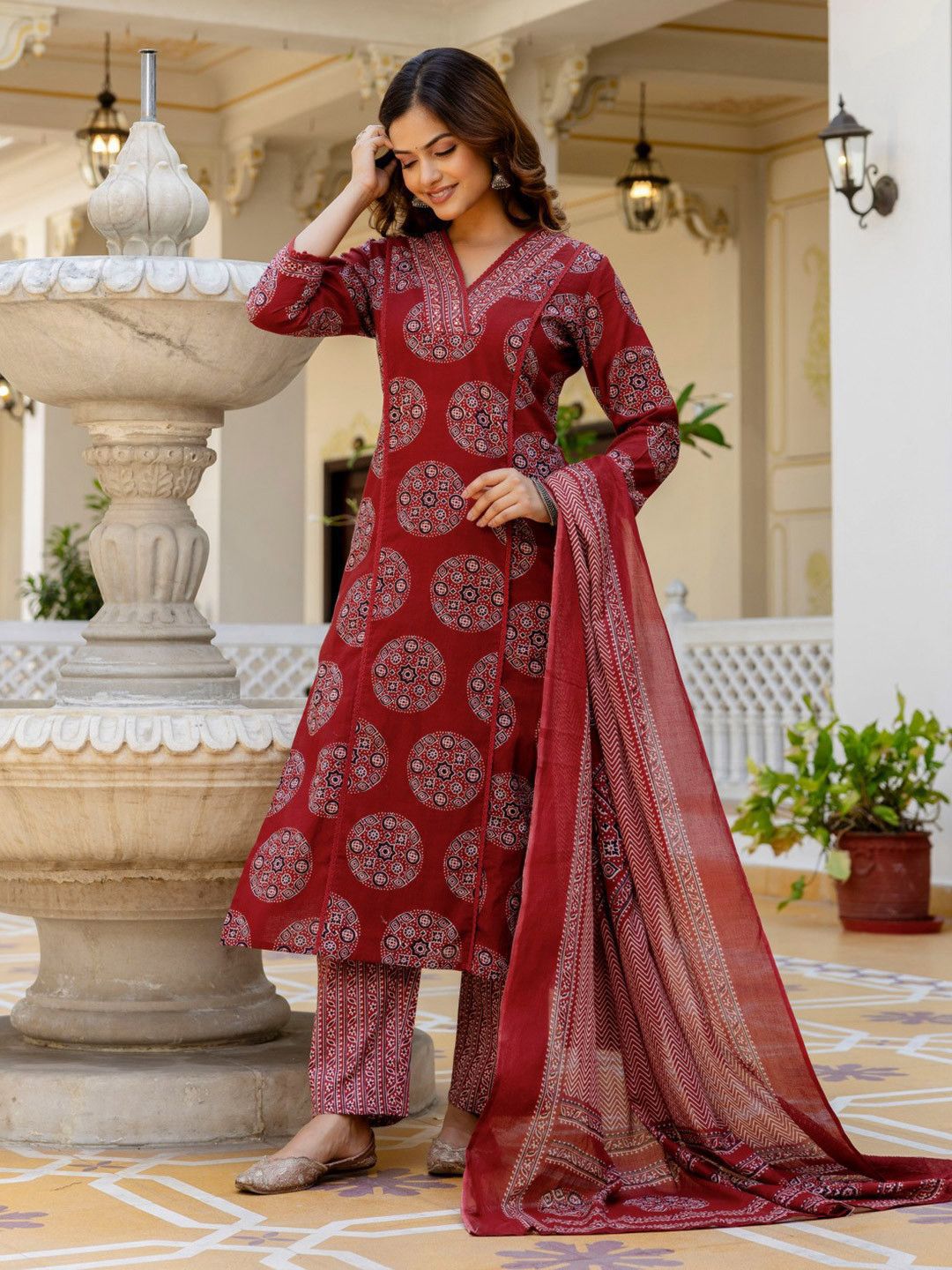Maroon printed cotton suit set front view with matching dupatta - WishTown Fashion Club
