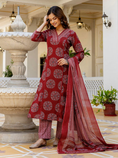 Maroon printed cotton suit set front view with matching dupatta - WishTown Fashion Club