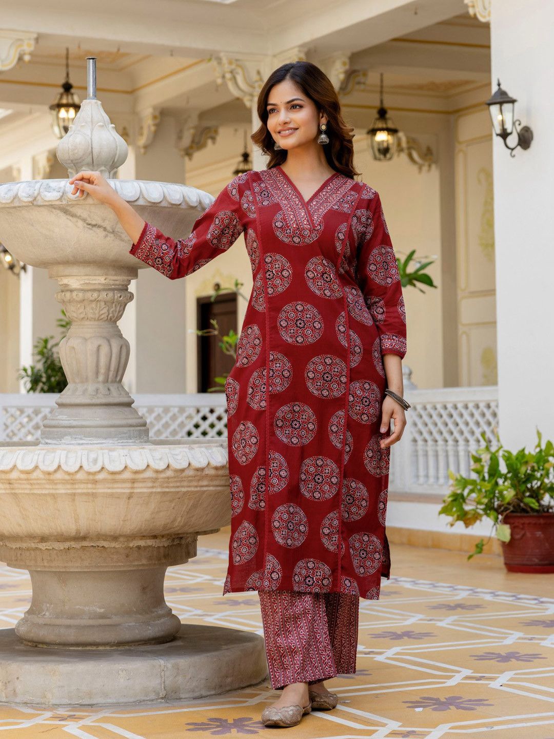 Maroon ethnic cotton kurti pant set with traditional Azrak floral print - WishTown Fashion Club