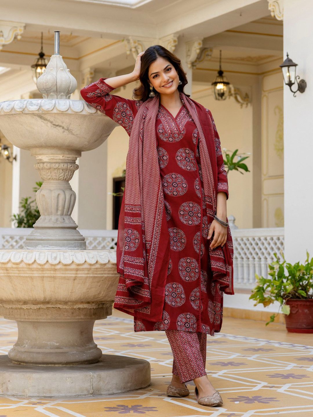 Maroon premium cotton Azrak print suit set for festive and daily wear - WishTown Fashion Club