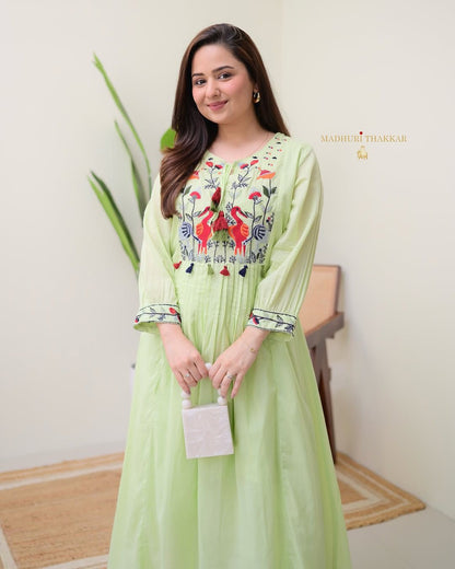 Light green premium cotton kurti with pintex detailing and straight pant - WishTown Fashion Club