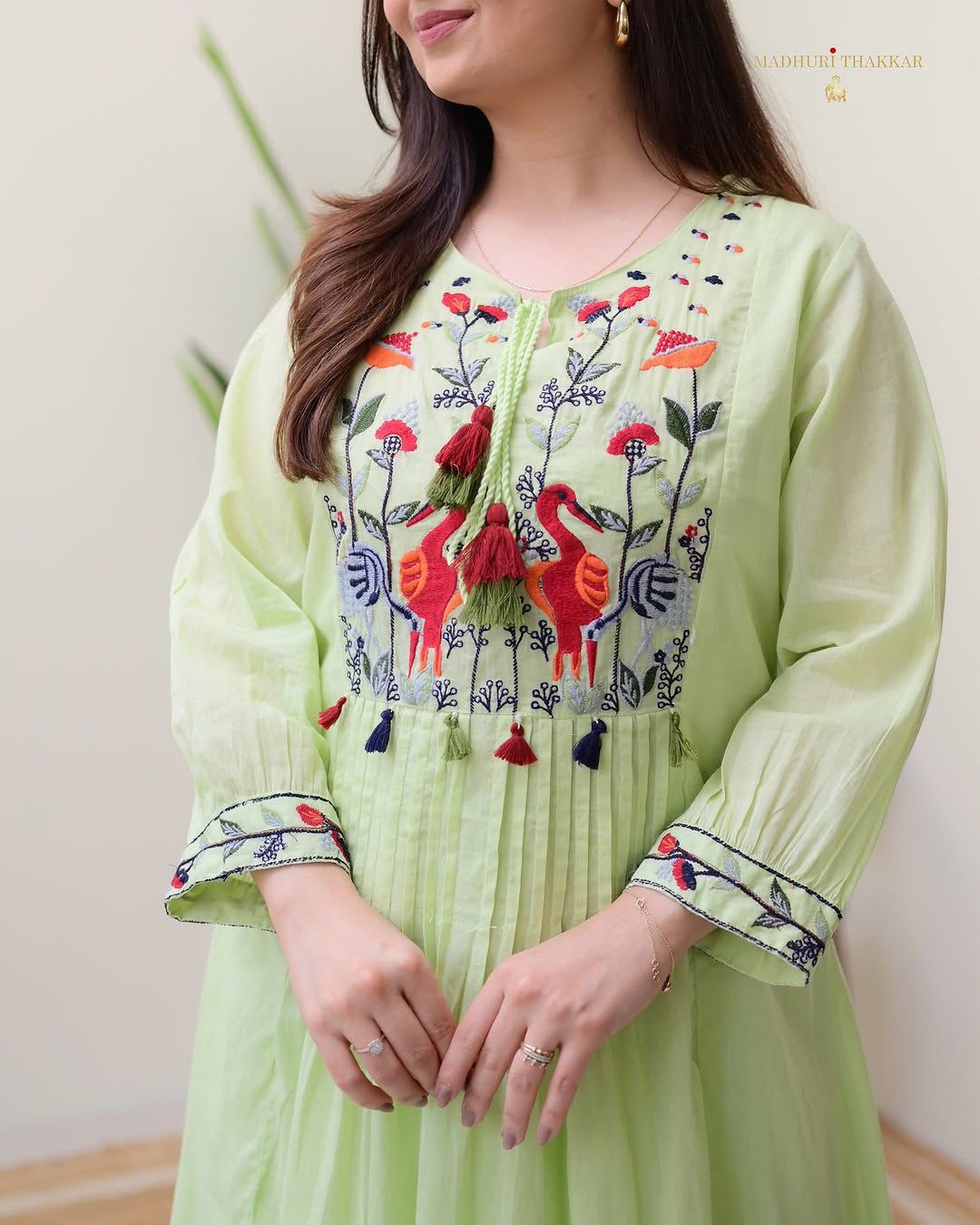 Light green cotton suit set with embroidery on yoke and sleeves - WishTown Fashion Club