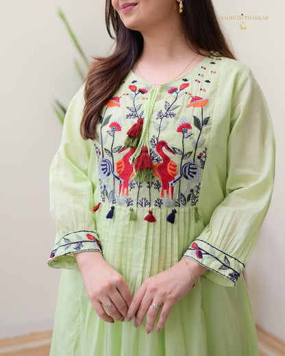 Light green cotton suit set with embroidery on yoke and sleeves - WishTown Fashion Club