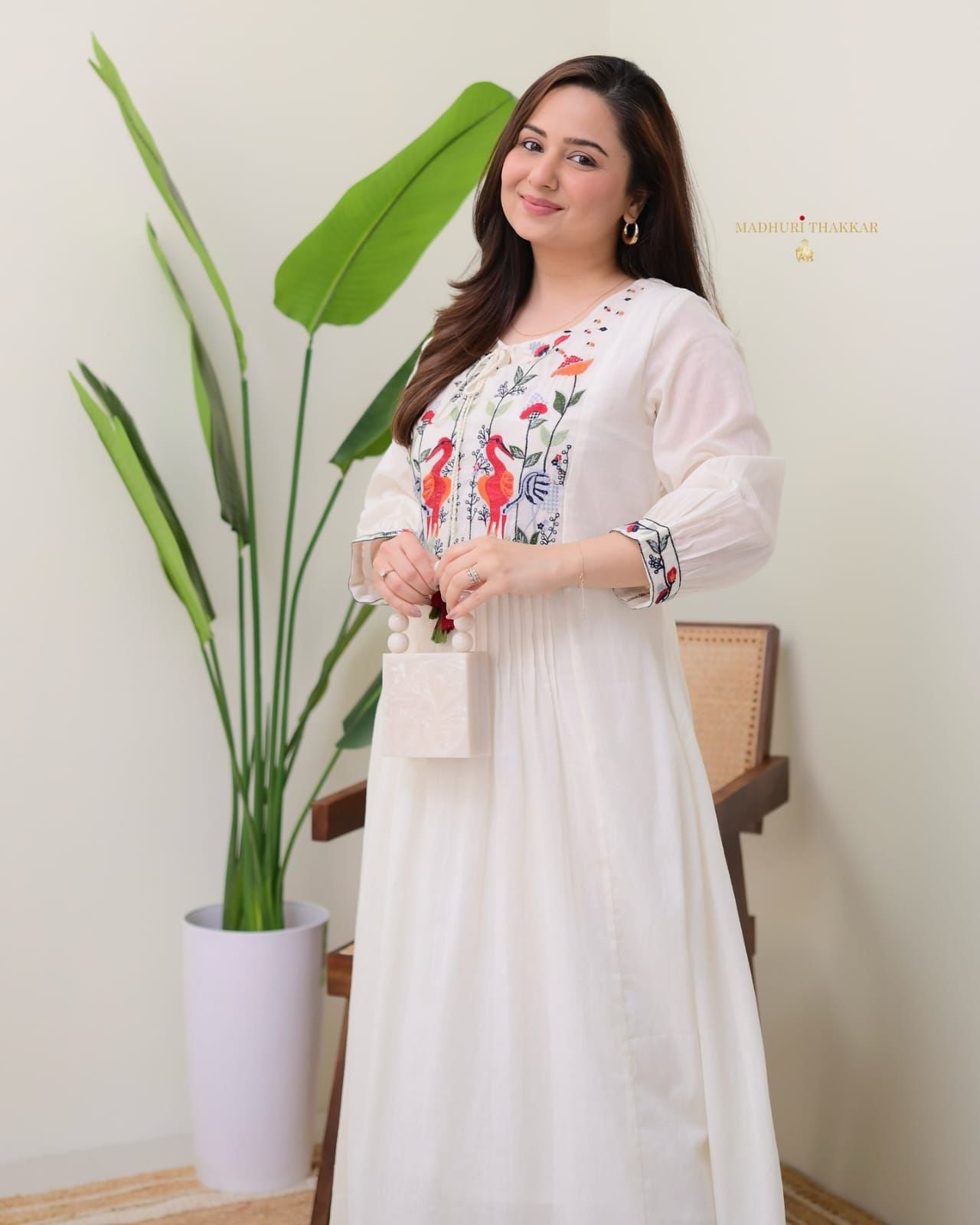 White cotton suit set with embroidery on yoke and sleeves - WishTown Fashion Club