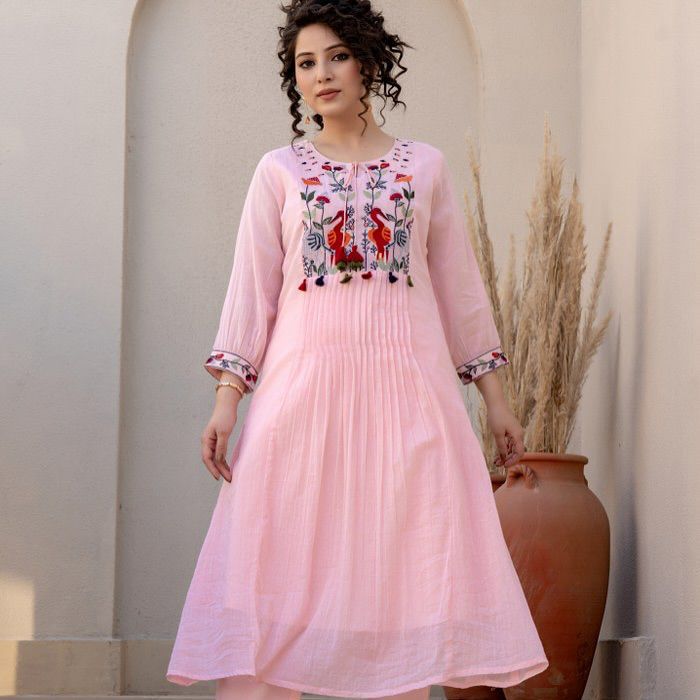 Light pink cotton 60x60 kurti pant set with pintex and embroidered yoke - WishTown Fashion Club