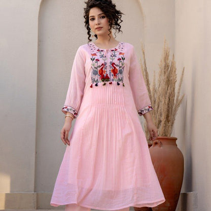 Light pink cotton 60x60 kurti pant set with pintex and embroidered yoke - WishTown Fashion Club