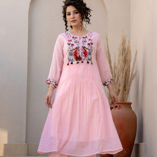 Light pink cotton 60x60 kurti pant set with pintex and embroidered yoke - WishTown Fashion Club