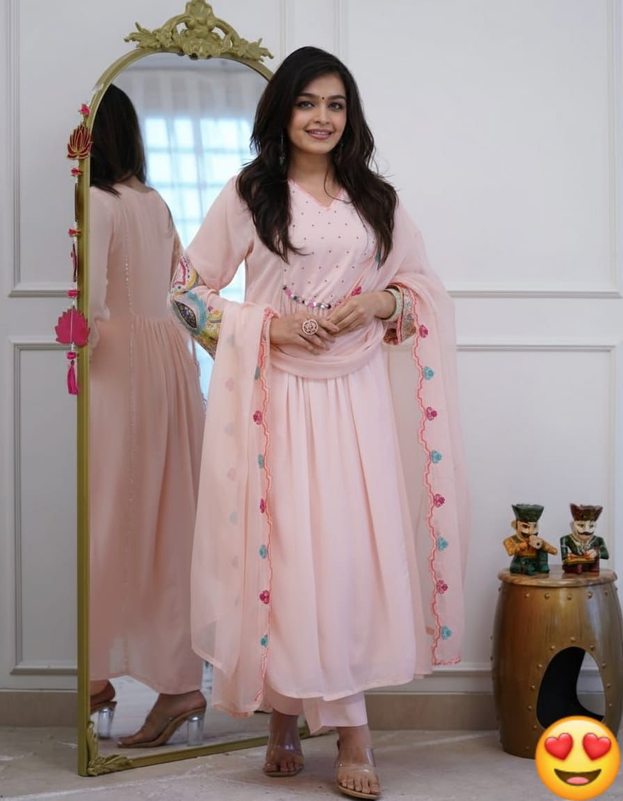 Light pink cotton flared kurta pant set with embroidered neckline and dupatta - WishTown Fashion Club