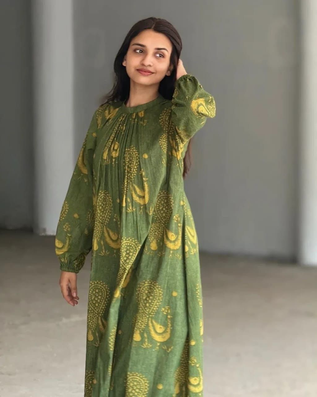 Green floral cotton flex cord set with designer cut sleeves - WishTown Fashion Club