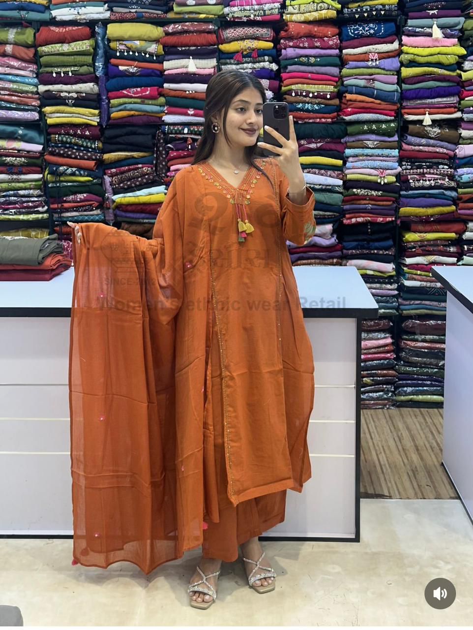 Orange ethnic cotton straight suit set for festive and daily wear - WishTown Fashion Club