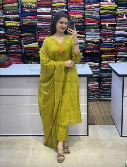 Olive green cotton kurta pant dupatta set with floral embroidery and mirror work - WishTown Fashion Club