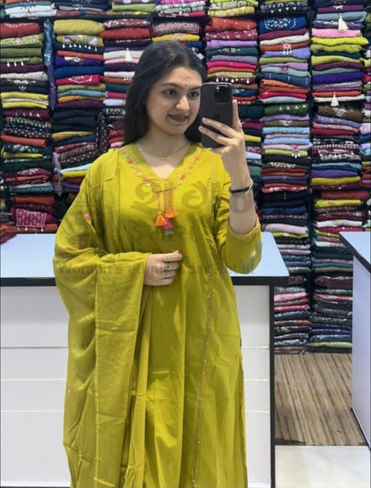 Olive green embroidered cotton straight kurta set with matching dupatta - WishTown Fashion Club