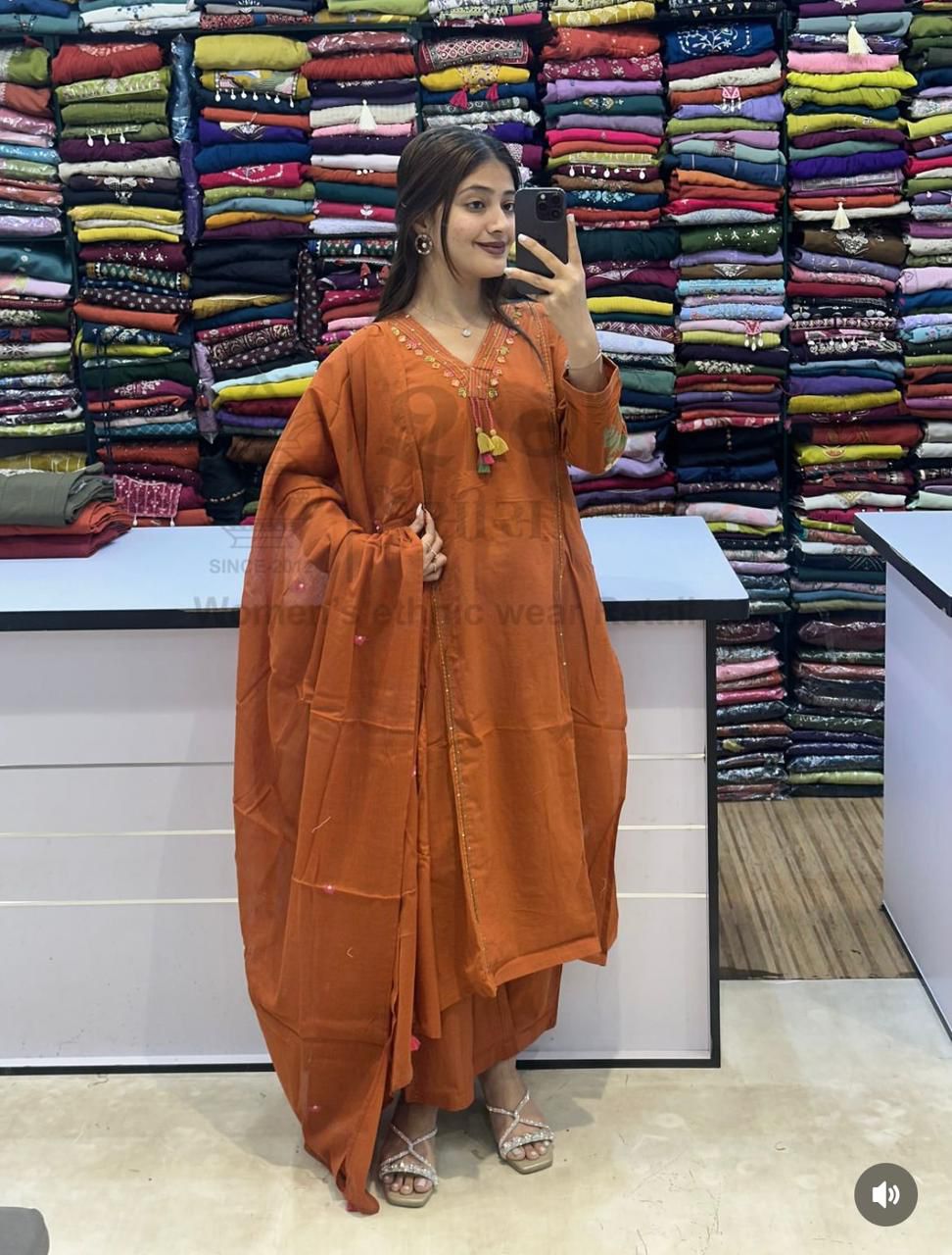 Orange embroidered cotton straight kurta set with matching dupatta - WishTown Fashion Club