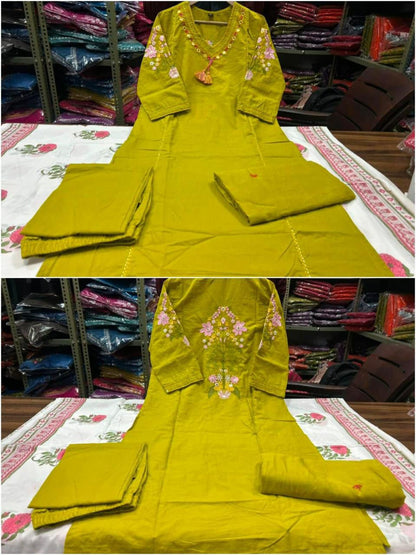 Olive green cotton suit set back view with embroidered upper back and sleeves - WishTown Fashion Club