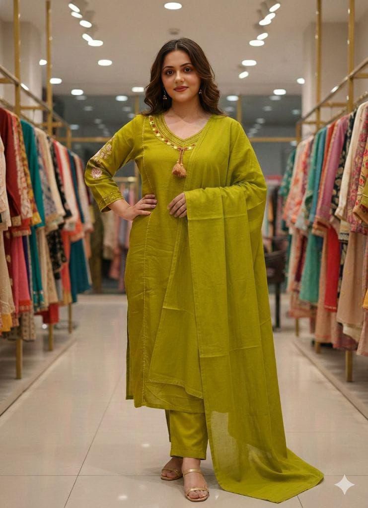 Olive green cotton straight suit set with embroidered V-neck kurta front view - WishTown Fashion Club