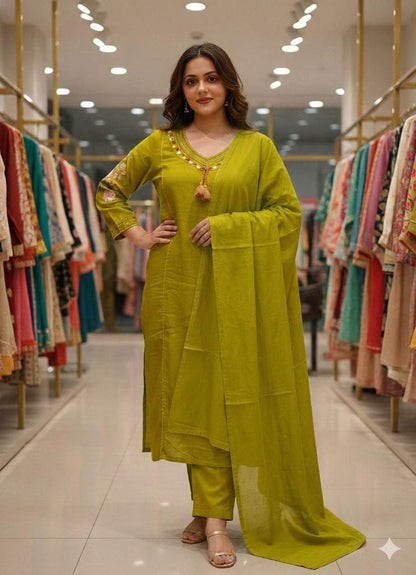 Olive green cotton straight suit set with embroidered V-neck kurta front view - WishTown Fashion Club