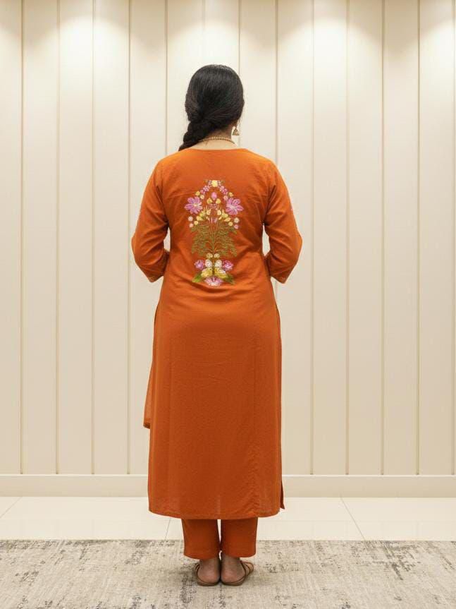 Orange cotton kurta pant dupatta set with floral embroidery and mirror work - WishTown Fashion Club