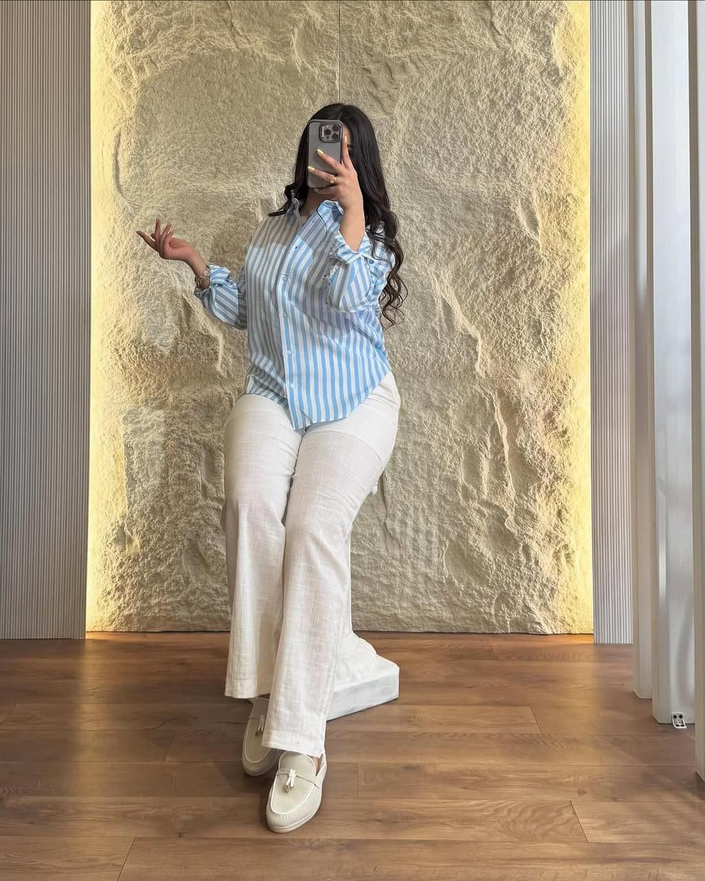 Sky blue printed cotton 60/60 shirt set with white pant front view - WishTown Fashion Club