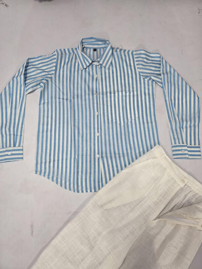 Sky blue women’s printed cotton shirt set styled with white pant - WishTown Fashion Club