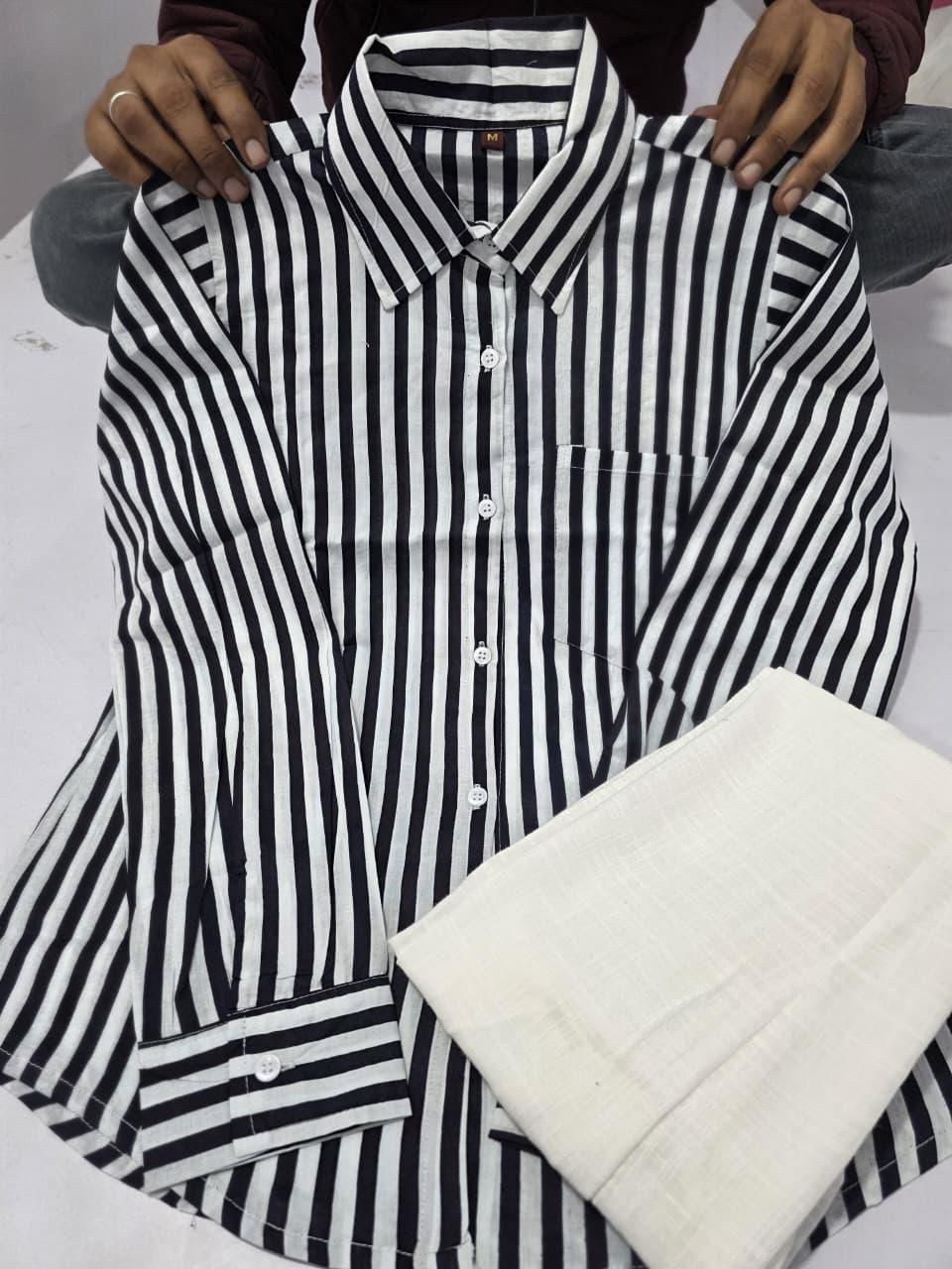 Black women’s printed cotton shirt set paired with white pant full look - WishTown Fashion Club