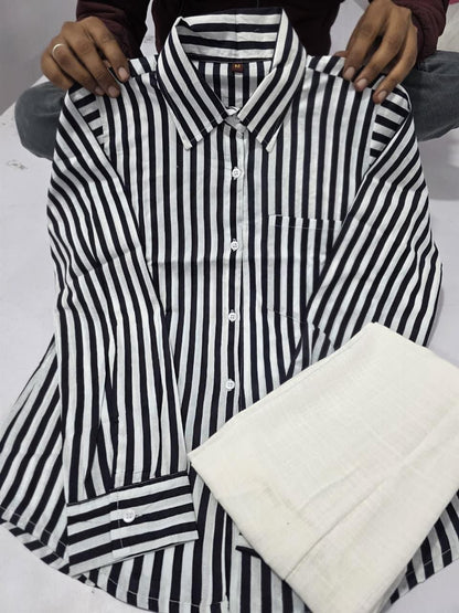 Black women’s printed cotton shirt set paired with white pant full look - WishTown Fashion Club