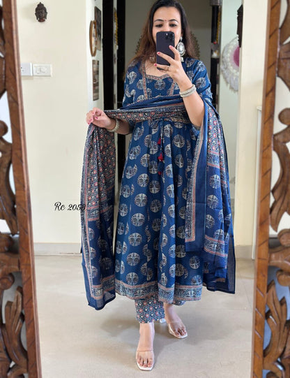 Blue cotton Anarkali kurta set in angrakha style with katha embroidery front view - WishTown Fashion Club