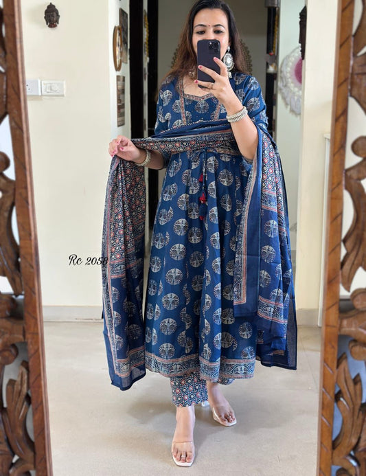 Blue cotton Anarkali kurta set in angrakha style with katha embroidery front view - WishTown Fashion Club