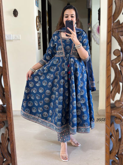 Blue printed cotton Anarkali kurta pant dupatta set with sequence work - WishTown Fashion Club
