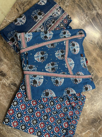 Blue women’s angrakha style Anarkali kurta set featuring crosia lace detailing - WishTown Fashion Club