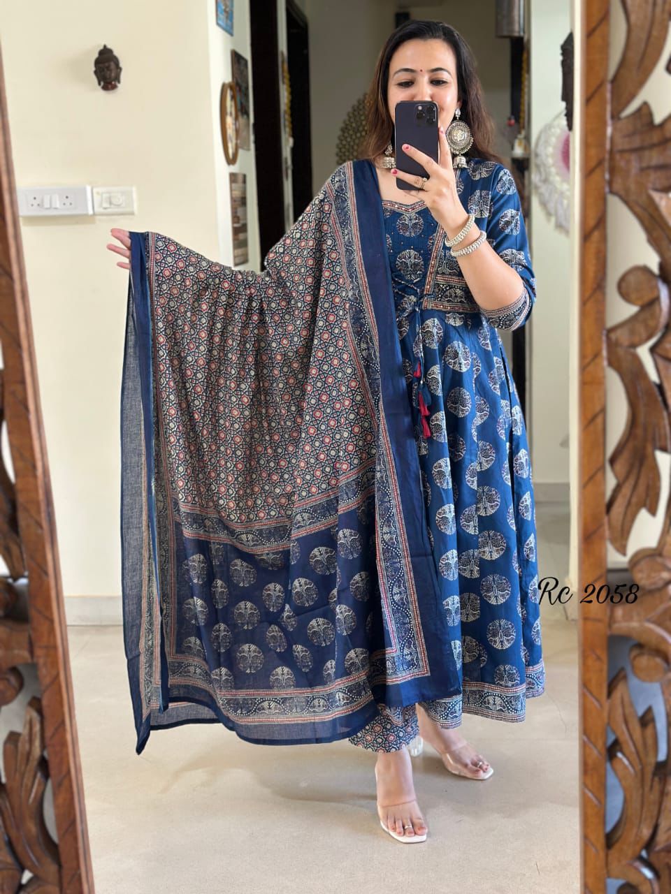 Blue ethnic cotton Anarkali kurta with matching pant and dupatta full look - WishTown Fashion Club