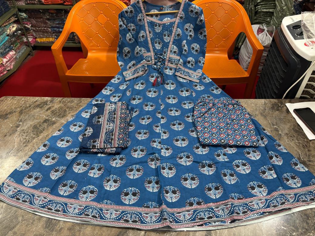 Blue festive wear cotton Anarkali kurta set with handcrafted embroidery details - WishTown Fashion Club
