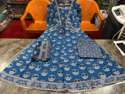 Blue festive wear cotton Anarkali kurta set with handcrafted embroidery details - WishTown Fashion Club