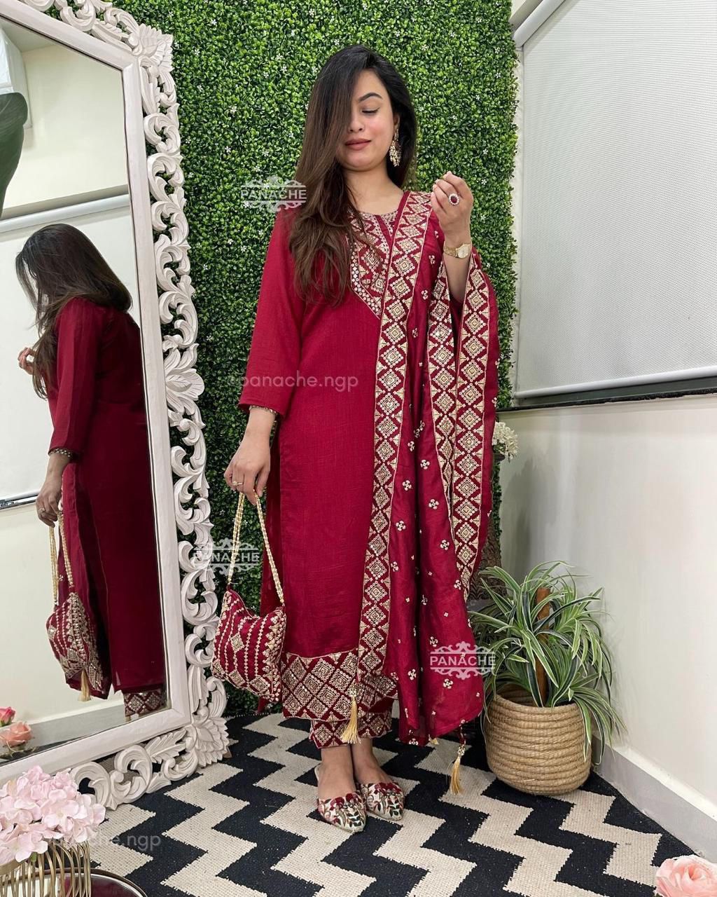 Red elegant kurti pant set in Roman silk perfect for festivals and parties - WishTown Fashion Club