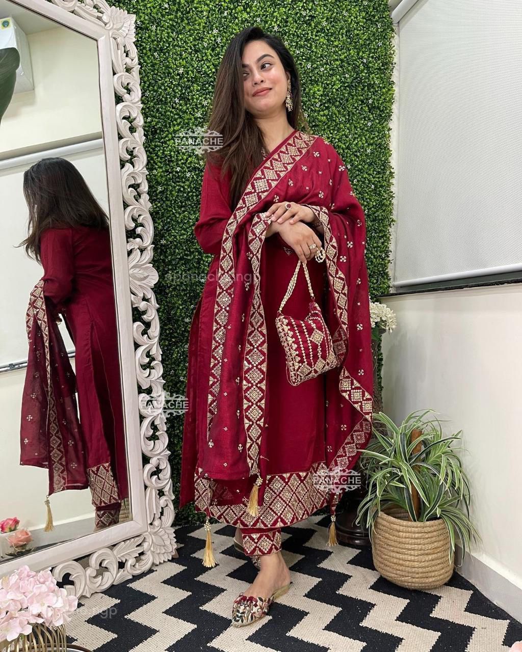 Red designer Roman silk festive kurti set with matching pant and dupatta - WishTown Fashion Club