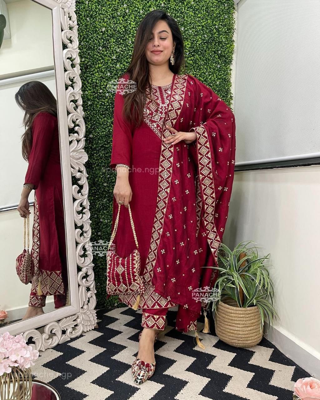 Red Roman silk kurti pant dupatta set full look ethnic outfit - WishTown Fashion Club