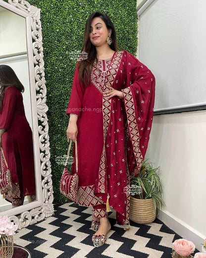 Red Roman silk kurti pant dupatta set with zari jacquard work front view - WishTown Fashion Club