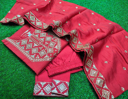 Red festive wear Roman silk kurti showcasing zari and jacquard detailing - WishTown Fashion Club