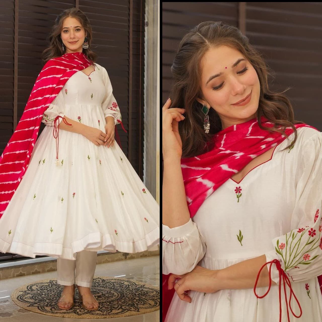 White Roman silk Anarkali kurti showcasing flared silhouette - WishTown Fashion Club