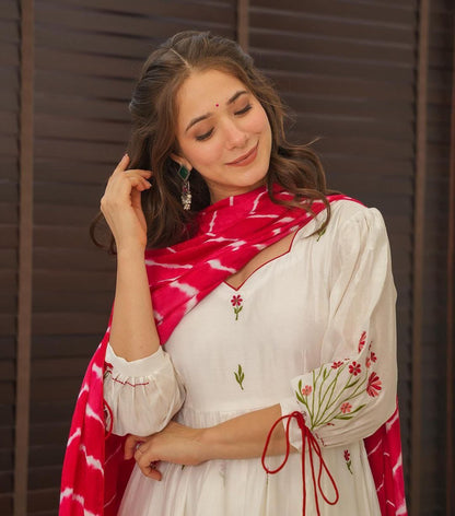 White festive wear Anarkali suit with Nazmin dupatta - WishTown Fashion Club
