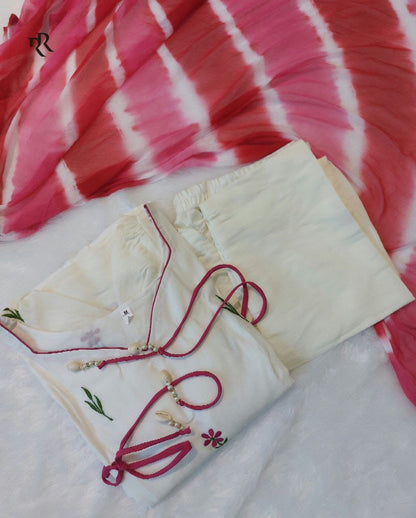 White embroidered Anarkali suit close-up sleeve and dori detail - WishTown Fashion Club