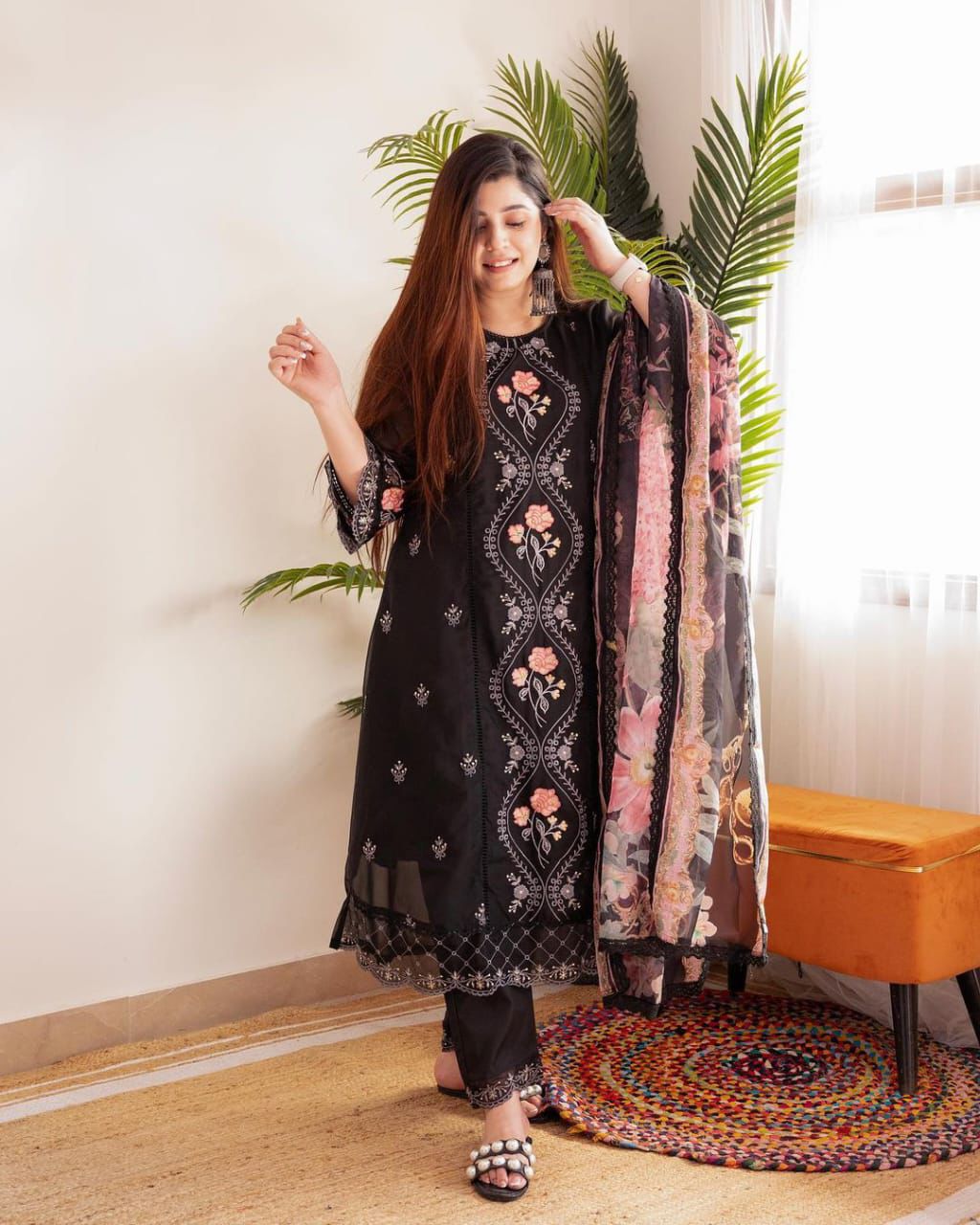 Black georgette embroidered kurti pant dupatta set front view - WishTown Fashion Club