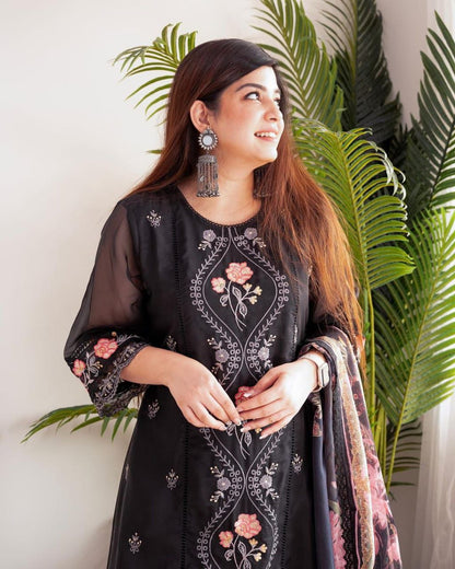Black georgette kurti pant set with heavy embroidery detailing - WishTown Fashion Club