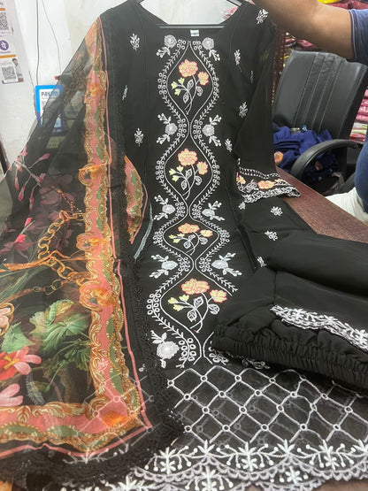 Black ethnic kurti pant dupatta set elegant party wear look - WishTown Fashion Club