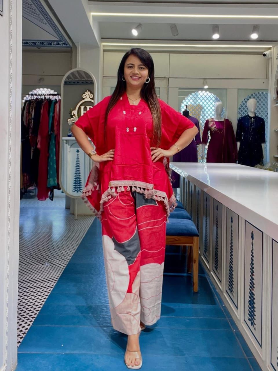 Red cotton kaftan style co-ord set front view - WishTown Fashion Club