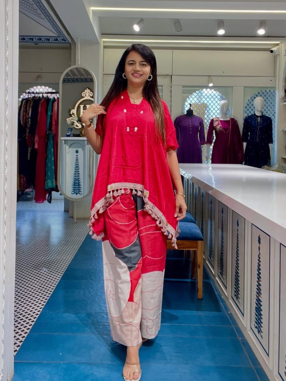 Red kaftan co-ord set with border lace work casual look - WishTown Fashion Club