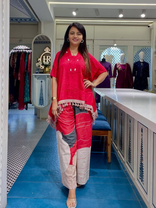 Red cotton kaftan style coord set side view - WishTown Fashion Club