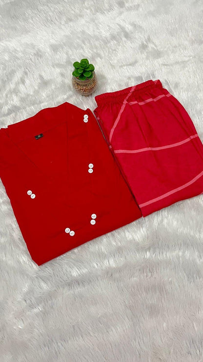 Red breathable cotton kaftan co-ord set everyday wear - WishTown Fashion Club